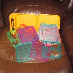 Tupperware Tuppertoys Set Lot 17 Stencils + Yellow Storage Case ABCs Holidays